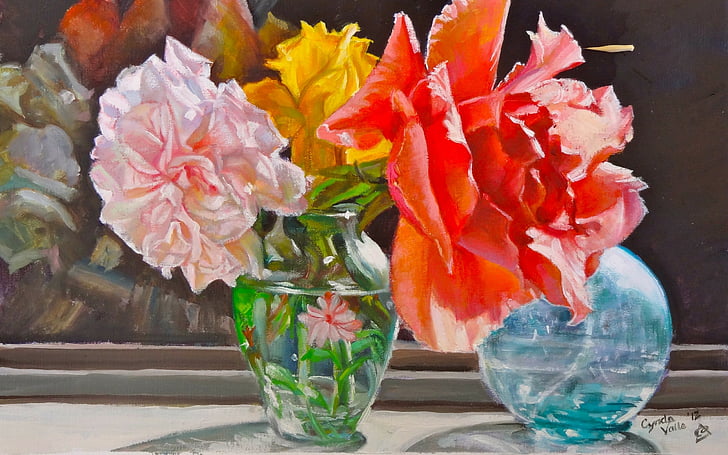 art, flower, flowers, roses, sun, vase, window, HD wallpaper
