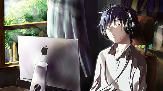 Anime, originale, computer, ragazzo, tristezza, lacrime, Sfondo HD HD wallpaper