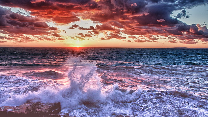 woda, zachód słońca, fotografia, morze, niebo, horyzont, światło słoneczne, chmury, Tapety HD