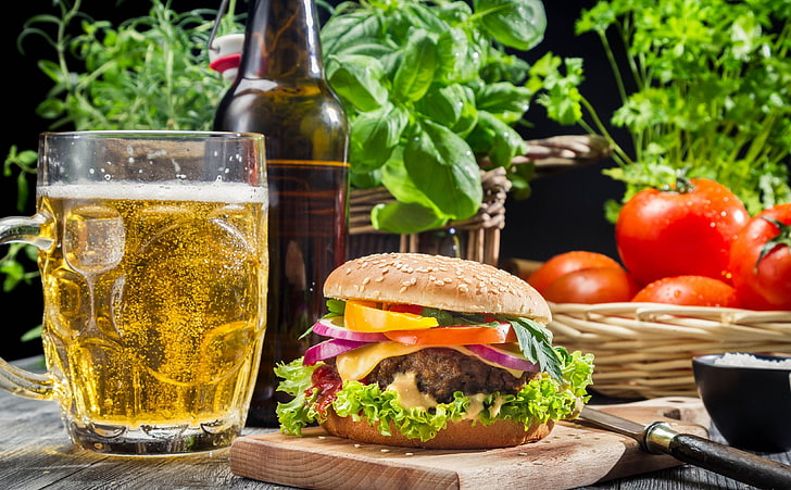 beer, burger, glass, green, tomatoes, HD wallpaper