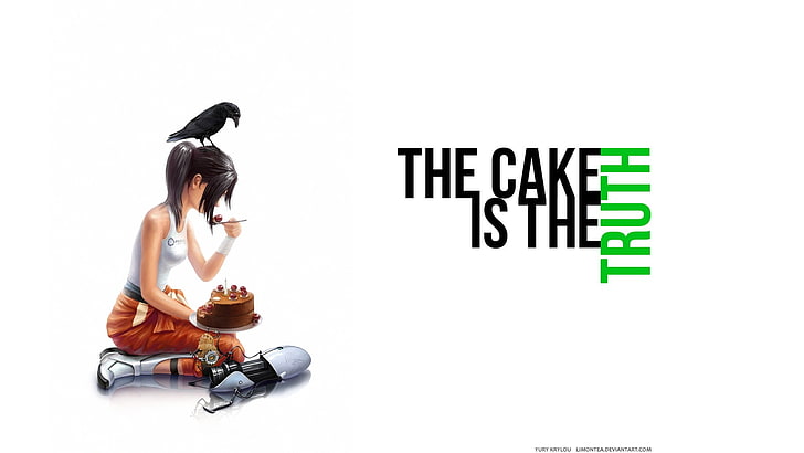 wanita makan dengan hamparan teks, Portal (game), Portal Gun, kue, Wallpaper HD