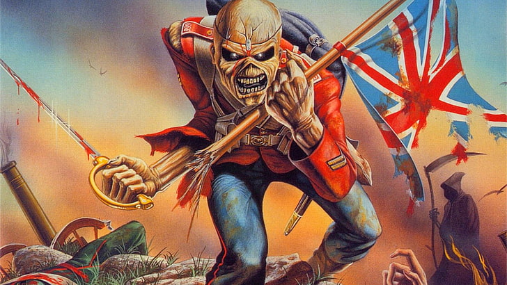 обои с мечом в руках зомби, Iron Maiden, Eddie, произведение искусства, музыка, The Trooper, Union Jack, обложки альбомов, талисман группы, Eddie the Head, HD обои