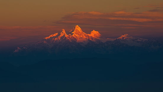 Гималаи, силуэт, природа, пейзаж, снежная вершина, фильтр, горы, холмы, небо, облака, минимализм, закат, HD обои HD wallpaper