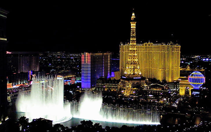 Las Vegas, EE. UU., Torre eiffel negra, EE. UU., Las Vegas, luz, noche, lago, fuente del espectáculo de agua Bellagio, coreografía musical de agua que cae, un hotel, una copia de la Torre Eiffel, el casino, Fondo de pantalla HD