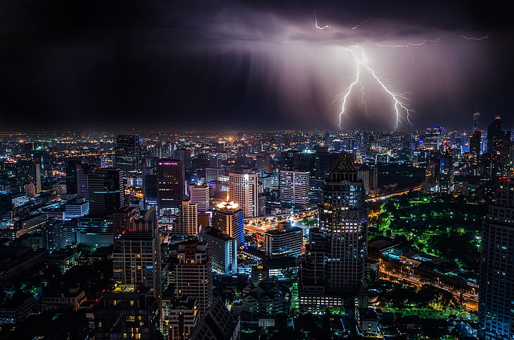 lightning, night city, city lights, overcast, bangkok, thailand, HD wallpaper