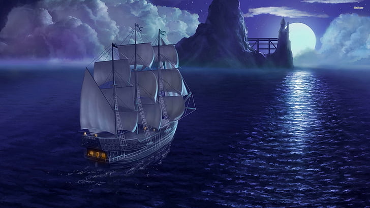 piratas, barco, vela, blanco, dibujo, luna, azul, mar, agua, luz, lámpara, movimiento, sombras, humo, cielo, olas, Fondo de pantalla HD