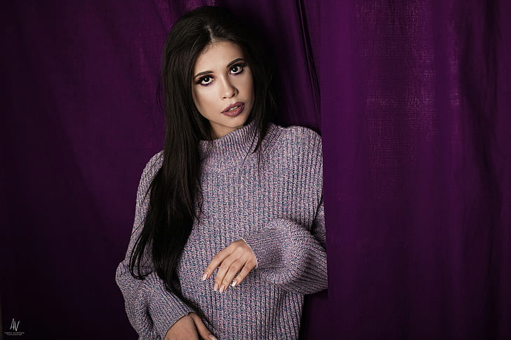 women, eyeliner, portrait, sweater, pink lipstick, long hair, Andrey Vechkenzin, purple background, dark hair, HD wallpaper