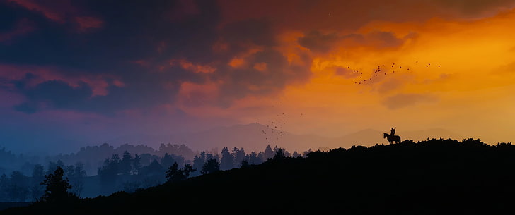silhouette di sfondo di opere d'arte digitale di montagna, The Witcher 3: Wild Hunt, paesaggio, tramonto, Sfondo HD