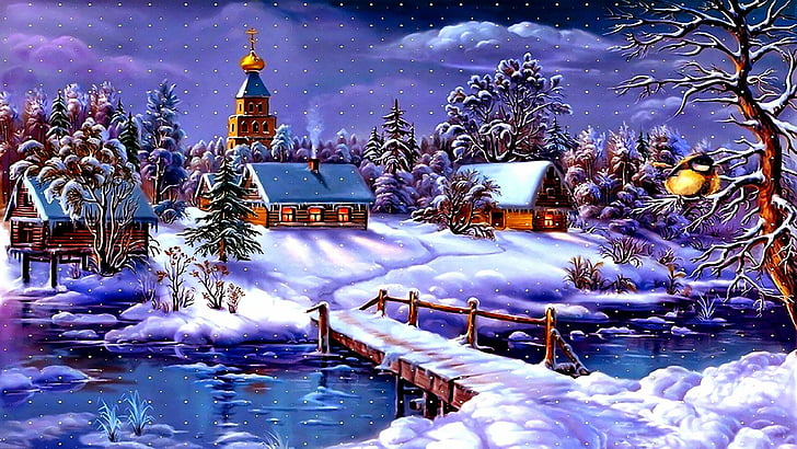 art, snowy, houses, snowfall, snowing, church, arctic, freezing, artwork, winter, bridge, painting, painting art, village, snow, river, nature, HD wallpaper
