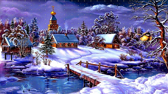konst, snöig, hus, snöfall, snöar, kyrka, arktisk, frysning, konstverk, vinter, bro, målning, målningskonst, by, snö, flod, natur, HD tapet HD wallpaper