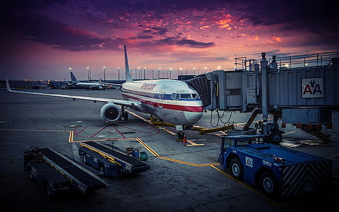 American Airlines Atterrato, bianco, blu e rosso aereo, aereo, aereo, tramonto, paesaggio, Sfondo HD HD wallpaper