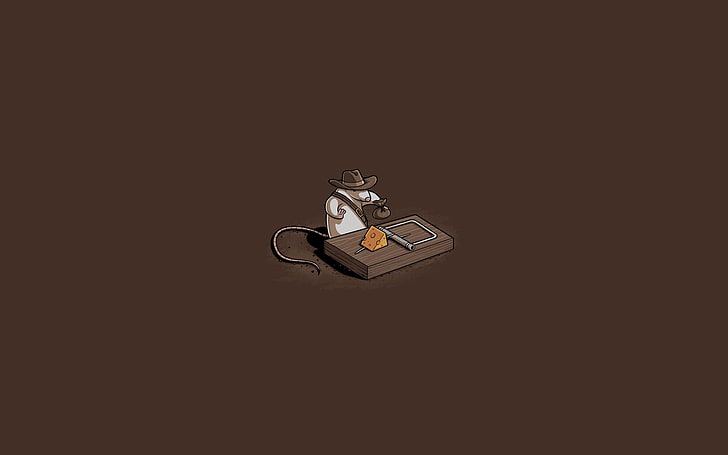 mysz w brązowym kowbojskim kapeluszu z tapetą cyfrową pułapką na myszy, humor, Indiana Jones, myszy, minimalizm, parodia, Tapety HD