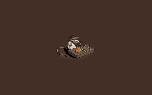 ratón con sombrero de vaquero marrón con fondo de pantalla digital de trampa para ratones, humor, Indiana Jones, ratones, minimalismo, parodia, Fondo de pantalla HD HD wallpaper