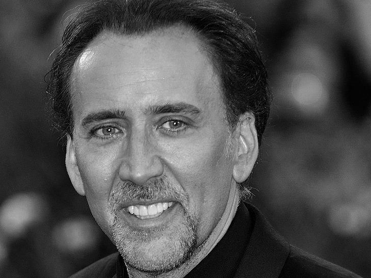 Nicolas Cage, nicolas cage, actor, man, face, smile, black white, hollywood, HD wallpaper
