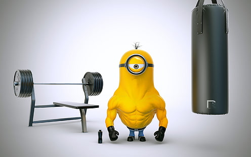 Junge Bodybuilder, Minions und Fitnessgeräte, lustig, HD-Hintergrundbild HD wallpaper