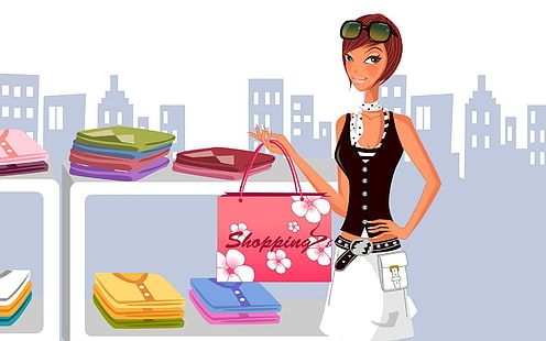 ショッピングの女の子、ショッピングバッグのイラスト、ベクトル、1920x1200、女性、ショッピングを保持している女性、 HDデスクトップの壁紙 HD wallpaper