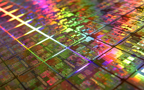 Berwarna-warni, CPU, DIE, geometri, emas, IT, Microchip, teknologi, Wallpaper HD HD wallpaper