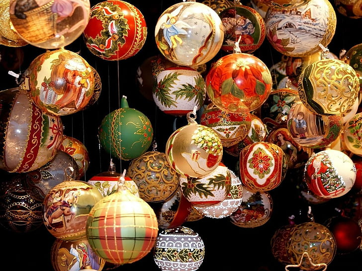 рождественские украшения, воздушные шары, узоры, разные, многие, нити, висячие, праздник, безделушка Рождество, рождественские украшения, воздушные шары, узоры, разные, многие, нити, вися, праздник,, HD обои