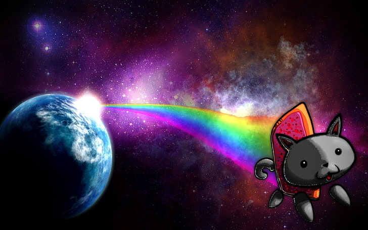 cat, digital art, Memes, Nyan Cat, planet, rainbows, space, stars, HD wallpaper