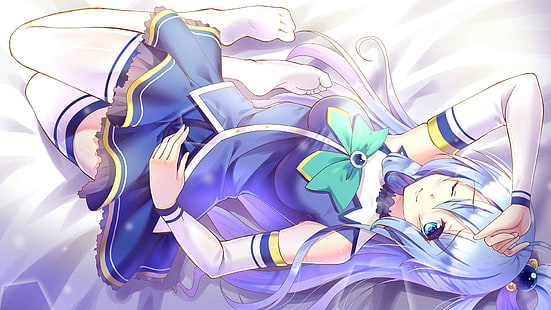 Anime, Anime Mädchen, Kono Subarashii Sekai ni Shukufuku wo !, Aqua (KonoSuba), Aqua Augen, blaue Haare, Kleid, lange Haare, Strümpfe, HD-Hintergrundbild HD wallpaper