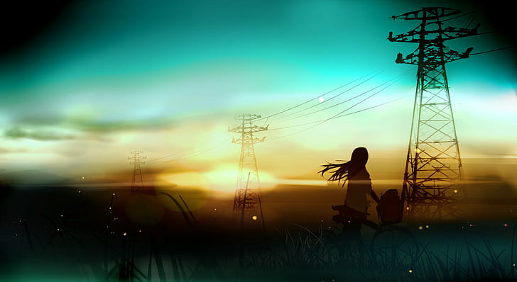 Power lines, art, silhouette of woman illustration, art, rushka, girl, landscape, power lines, wires, bike, Sunset, HD wallpaper