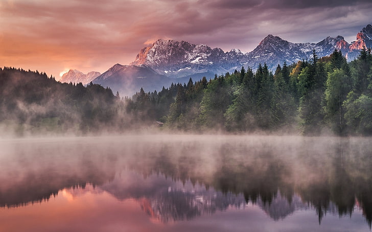 landscape, nature, lake, forest, mist, mountains, snowy peak, Germany, clouds, reflection, trees, water, HD wallpaper