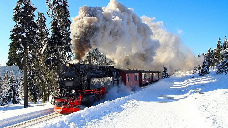 red and black train, train, snow, steam locomotive, vehicle, HD wallpaper