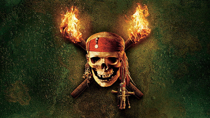 patung kuda coklat dan hitam, tengkorak, Pirates of the Caribbean, Jack Sparrow, bajak laut, api, band kepala, Wallpaper HD
