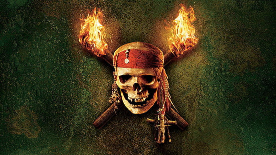 brązowo-czarna figurka konia, czaszka, Piraci z Karaibów, Jack Sparrow, piraci, ogień, opaska na głowę, Tapety HD HD wallpaper