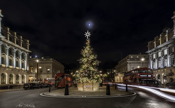 Londyn, noc, Boże Narodzenie, pejzaż miejski, długi czas naświetlania, ruch uliczny, Tapety HD