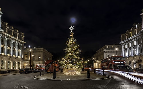 لندن ، الليل ، عيد الميلاد ، مناظر المدينة ، التعرض الطويل ، حركة المرور، خلفية HD HD wallpaper