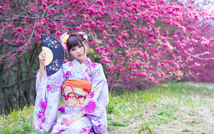 women's purple floral Japanese suit, girl, spring, garden, Asian, HD wallpaper
