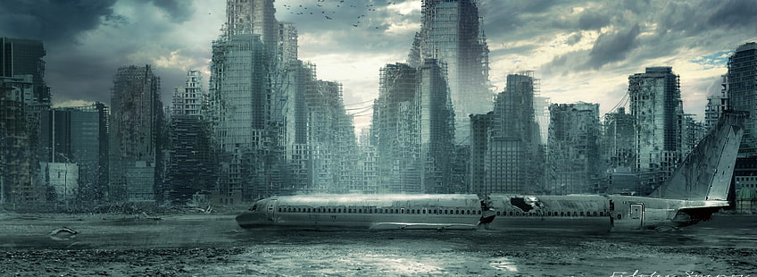 Zerstörte Stadt, weiße Handelsflugzeugtapete, künstlerisch, Fantasie, HD-Hintergrundbild HD wallpaper