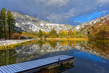 jesień, drzewa, góry, jezioro, odbicie, Wyoming, Yellowstone, mosty, Park Narodowy Yellowstone, Tapety HD HD wallpaper