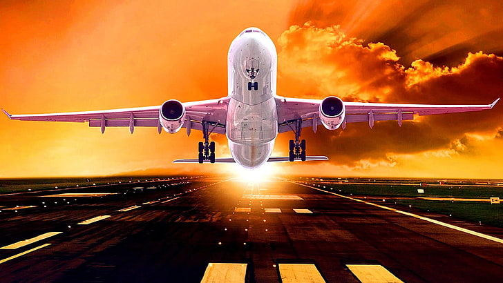 compagnia aerea, cielo, aereo, trasporto aereo, aviazione, decollo, tramonto, volo, Sfondo HD