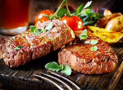 daun tomat, sayuran, daging, daging sapi, makanan, memasak, makanan, steak, panggangan, Wallpaper HD HD wallpaper