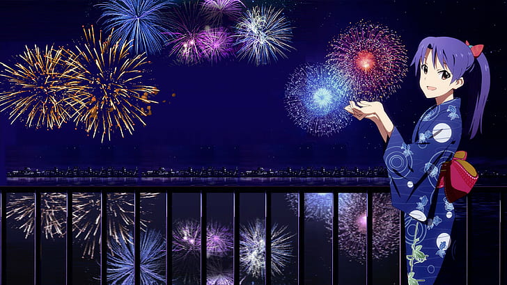 new year anime kimono fireworks the idolmster kisaragi chihaya, HD wallpaper