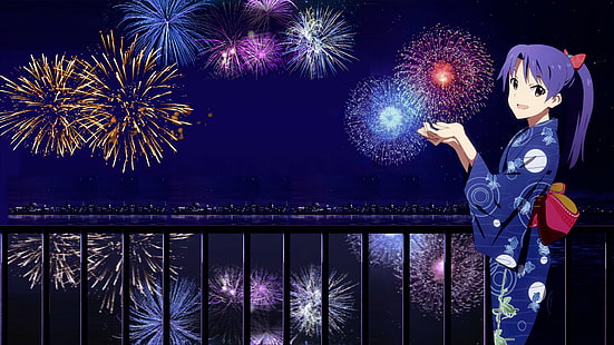 new year anime kimono fireworks the idolmster kisaragi chihaya, HD wallpaper HD wallpaper