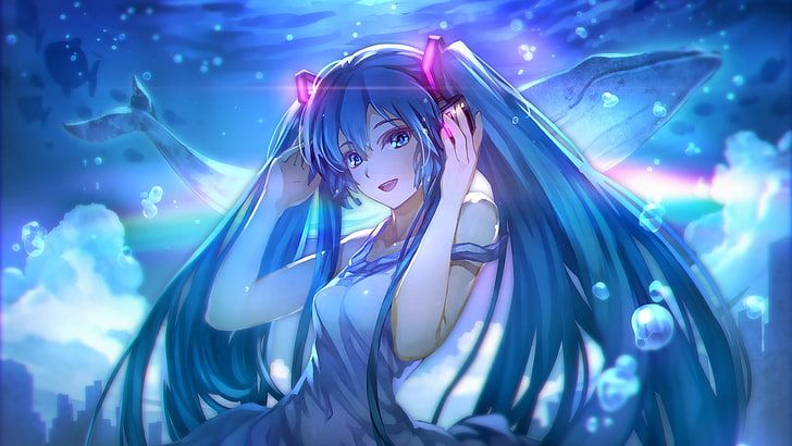 голубоволосая женщина аниме персонаж цифровые обои, аниме, аниме девушки, хацунэ мику, голубые волосы, голубые глаза, улыбка, под водой, HD обои