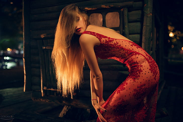 руса, жени, Иван Горохов, дълга коса, червена рокля, модел, 500px, HD тапет
