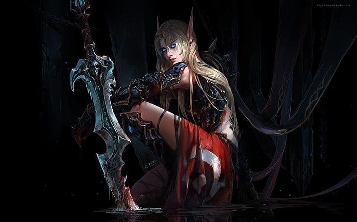 wanita dalam ilustrasi top hitam, pedang, World of Warcraft, Blood Elf, elf darah, Wallpaper HD