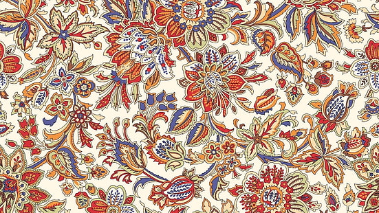 multicolored floral pattern, colorful, digital art, flowers, leaves, white background, ornamented, artwork, detailed, HD wallpaper HD wallpaper