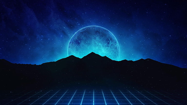 Blue moon, synthpop, fantasy, moon, luna, luminos, black, silhouette, blue, HD wallpaper