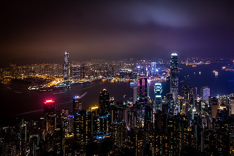 بناء البرج ، هونغ كونغ ، الصين ، ناطحات السحاب ، المدينة الليلية ، أضواء المدينة، خلفية HD HD wallpaper