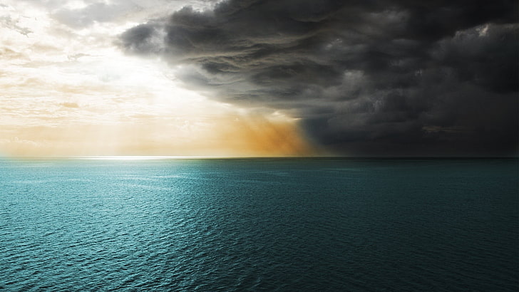 морской горизонт, вода, море, облака, солнечный свет, небо, горизонт, шторм, природа, HD обои