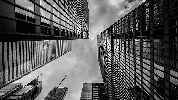 edificio ventana de vidrio, fotografía, moderno, edificio, rascacielos, monocromo, paisaje urbano, palacio, arquitectura, nubes, Toronto, Fondo de pantalla HD