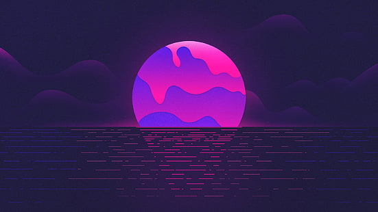 Фиолетовый, Луна, Закат, Неон, HD обои HD wallpaper