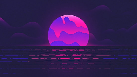 Закат, Луна, Неон, Фиолетовый, HD, HD обои HD wallpaper