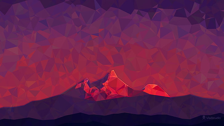 red and gray mountain, digital art, low poly, minimalism, 2D, triangle, simple, nature, mountains, Vladstudio, hills, HD wallpaper