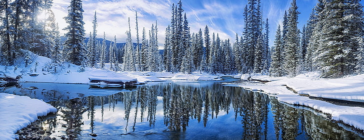 winter, snow, reflection, forest, water, river, white, blue, nature, landscape, HD wallpaper